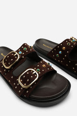 Ceylon Diamante Stud Double Buckle Dark Brown Suede Slide On Sandal