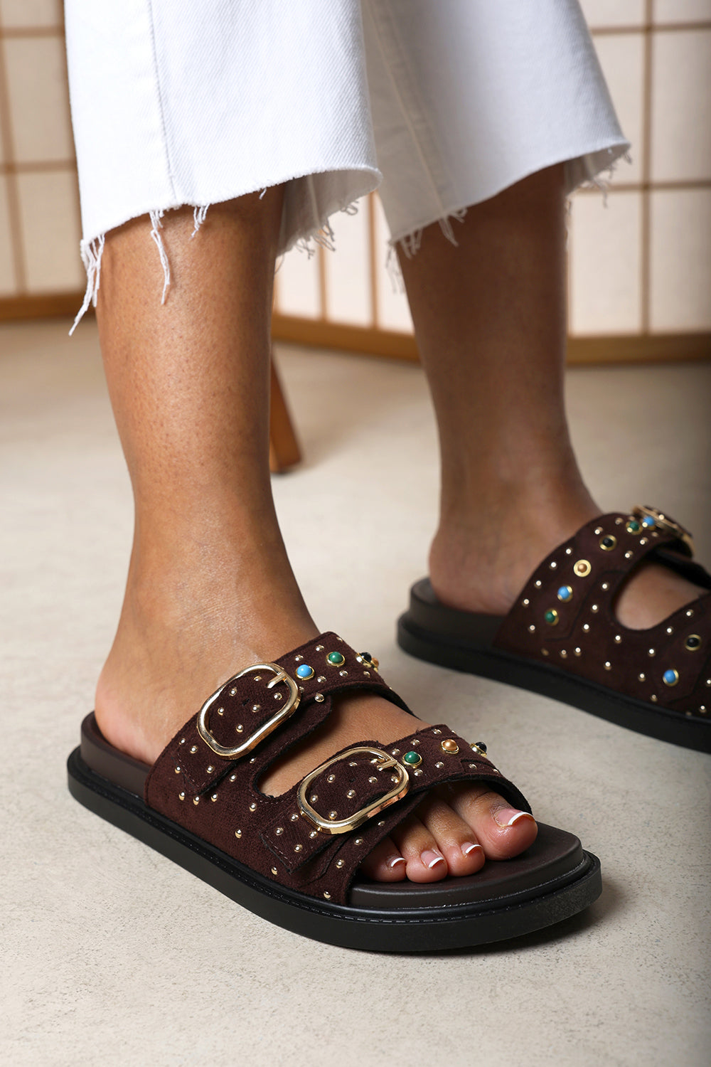 Ceylon Diamante Stud Double Buckle Dark Brown Suede Slide On Sandal