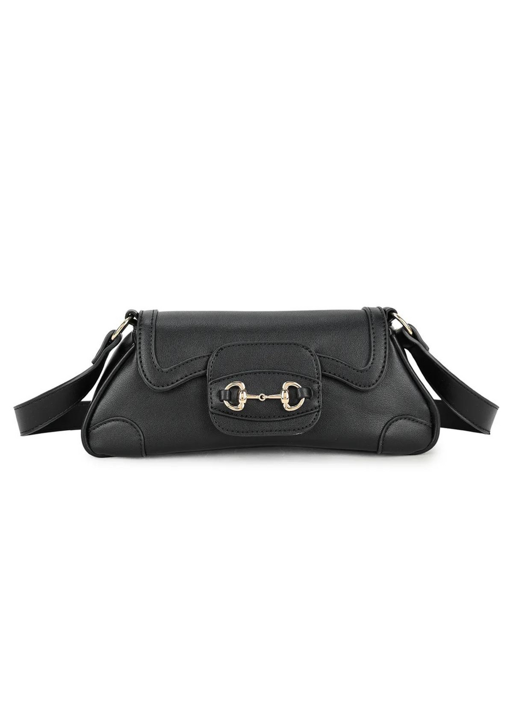 NOVA CROSS BODY BAG WITH BUCKLE DETAIL IN BLACK FAUX LEATHER