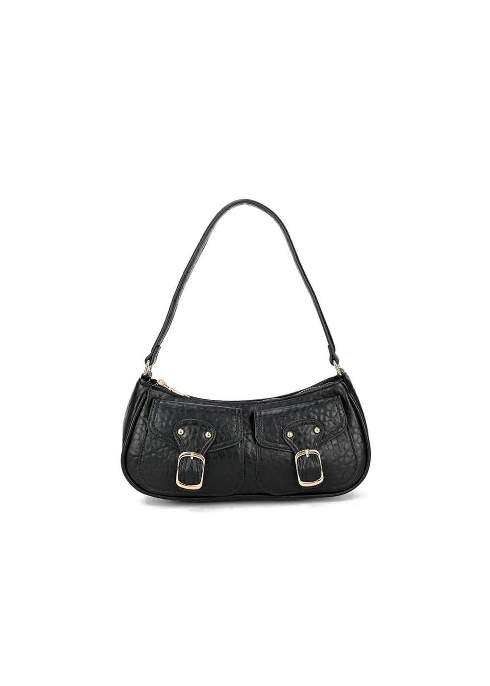 BENNE SATCHEL WITH GOLD BUCKLES IN BLACK FAUX LEATHER