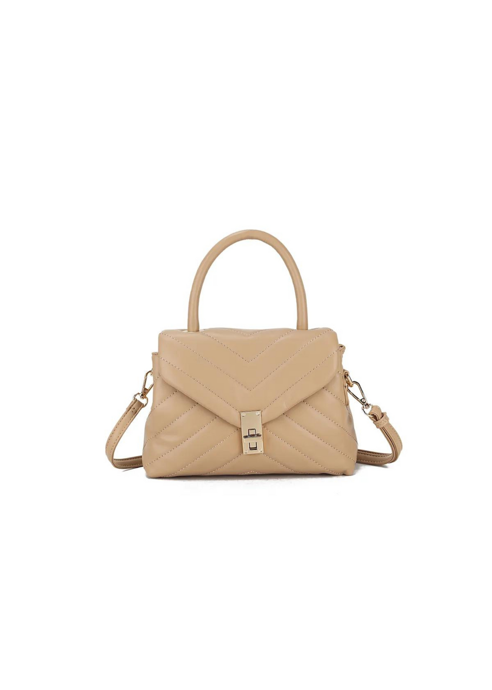 AURI TOP HANDLE BAG WITH BUCKLE DETAIL IN CAMEL FAUX LEATHER