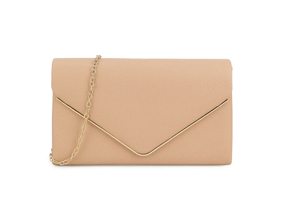 SCULPT  CLUTCH WITH GLEAMING DETAIL IN TAUPE FAUX LEATHER