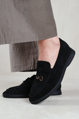PEGASUS SLIP ON TRIM LOAFERS WITH ACCESSORY DETAILING IN BLACK SUEDE