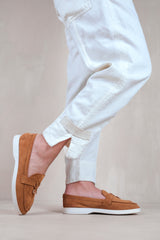 PEGASUS SLIP ON TRIM LOAFERS WITH ACCESSORY DETAILING IN CAMEL SUEDE
