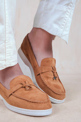 PEGASUS SLIP ON TRIM LOAFERS WITH ACCESSORY DETAILING IN CAMEL SUEDE