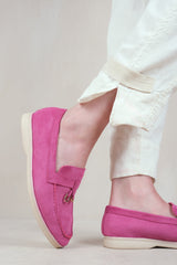 PEGASUS SLIP ON TRIM LOAFERS WITH ACCESSORY DETAILING IN FUCHSIA SUEDE