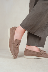 PEGASUS WIDE FIT SLIP ON TRIM LOAFERS WITH ACCESSORY DETAILING IN KHAKI SUEDE