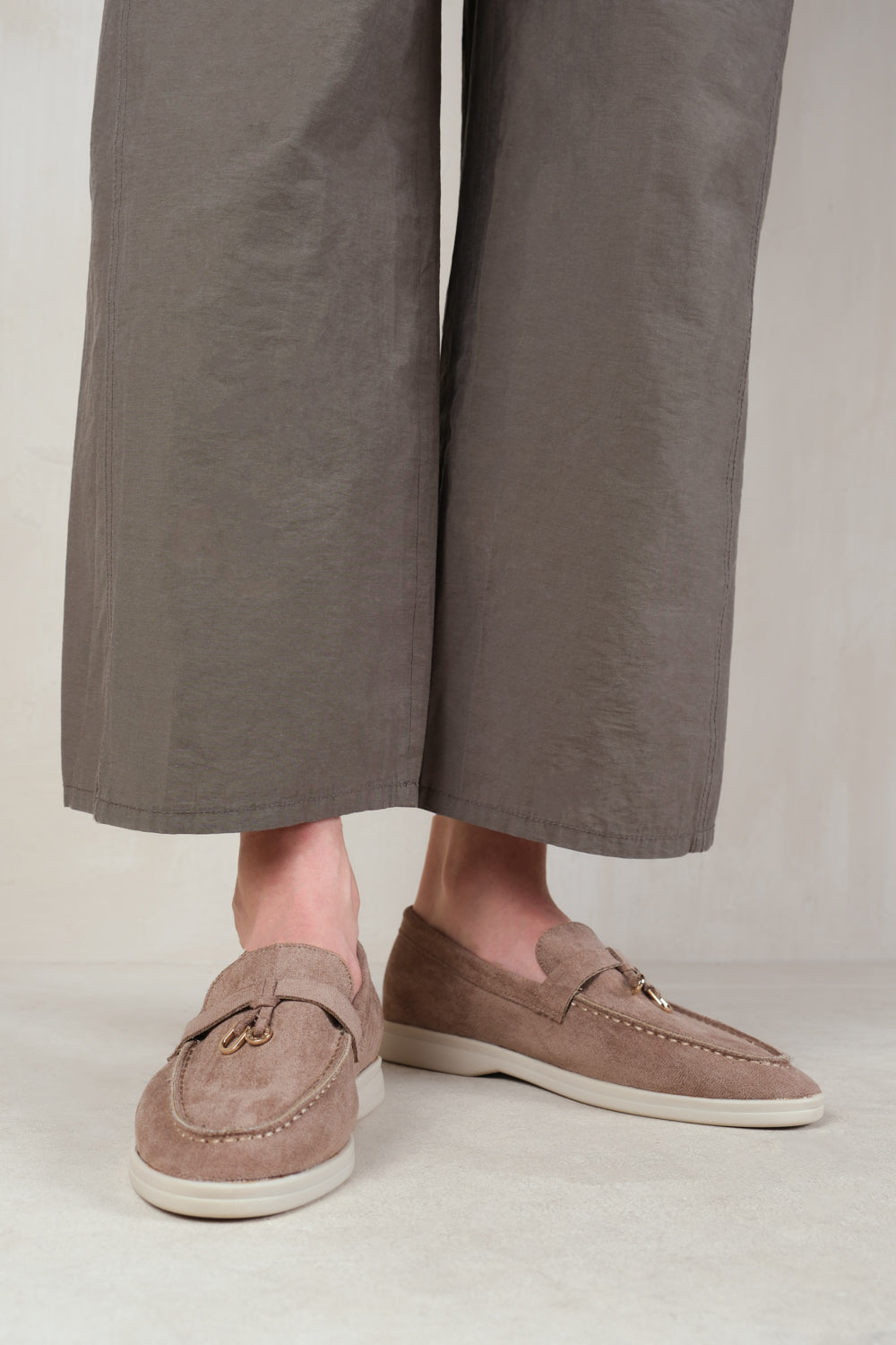 PEGASUS SLIP ON TRIM LOAFERS WITH ACCESSORY DETAILING IN KHAKI SUEDE