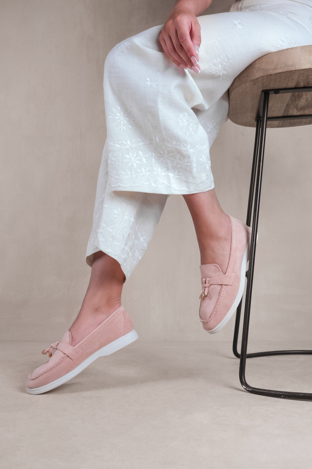 PEGASUS SLIP ON TRIM LOAFERS WITH ACCESSORY DETAILING IN PINK SUEDE