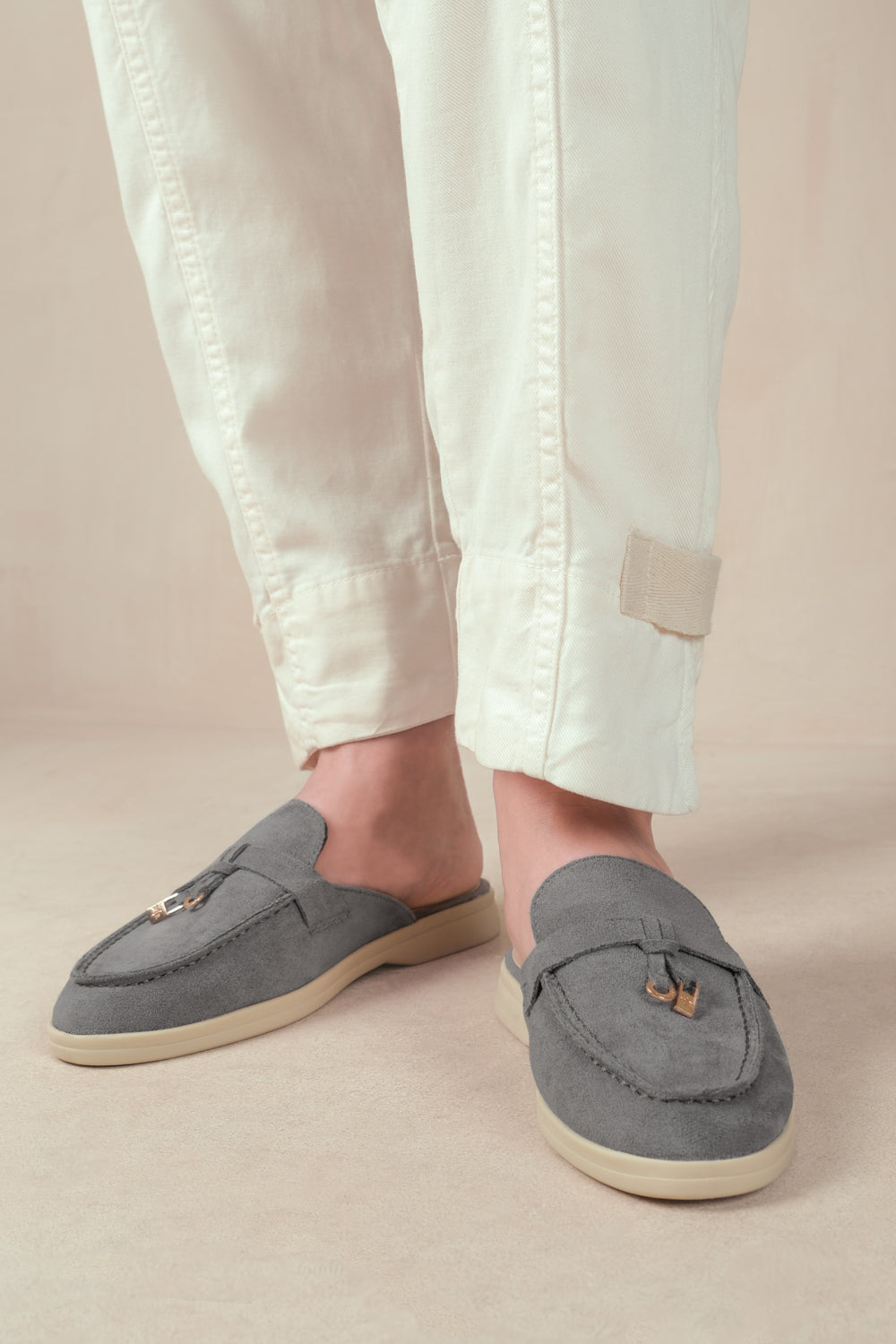 TWILIGHT FLAT SLIP ON LOAFER WITH TASSEL DETAIL IN GREY SUEDE