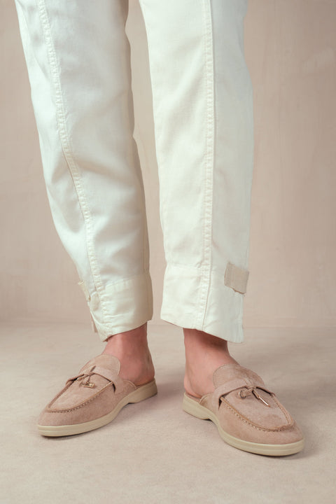 TWILIGHT WIDE FIT FLAT SLIP ON LOAFER WITH TASSEL DETAIL IN KHAKI SUEDE
