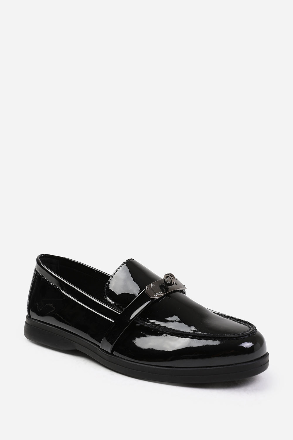 MONACO SLIP ON LOAFERS WITH METAL DETAILING IN BLACK PATENT