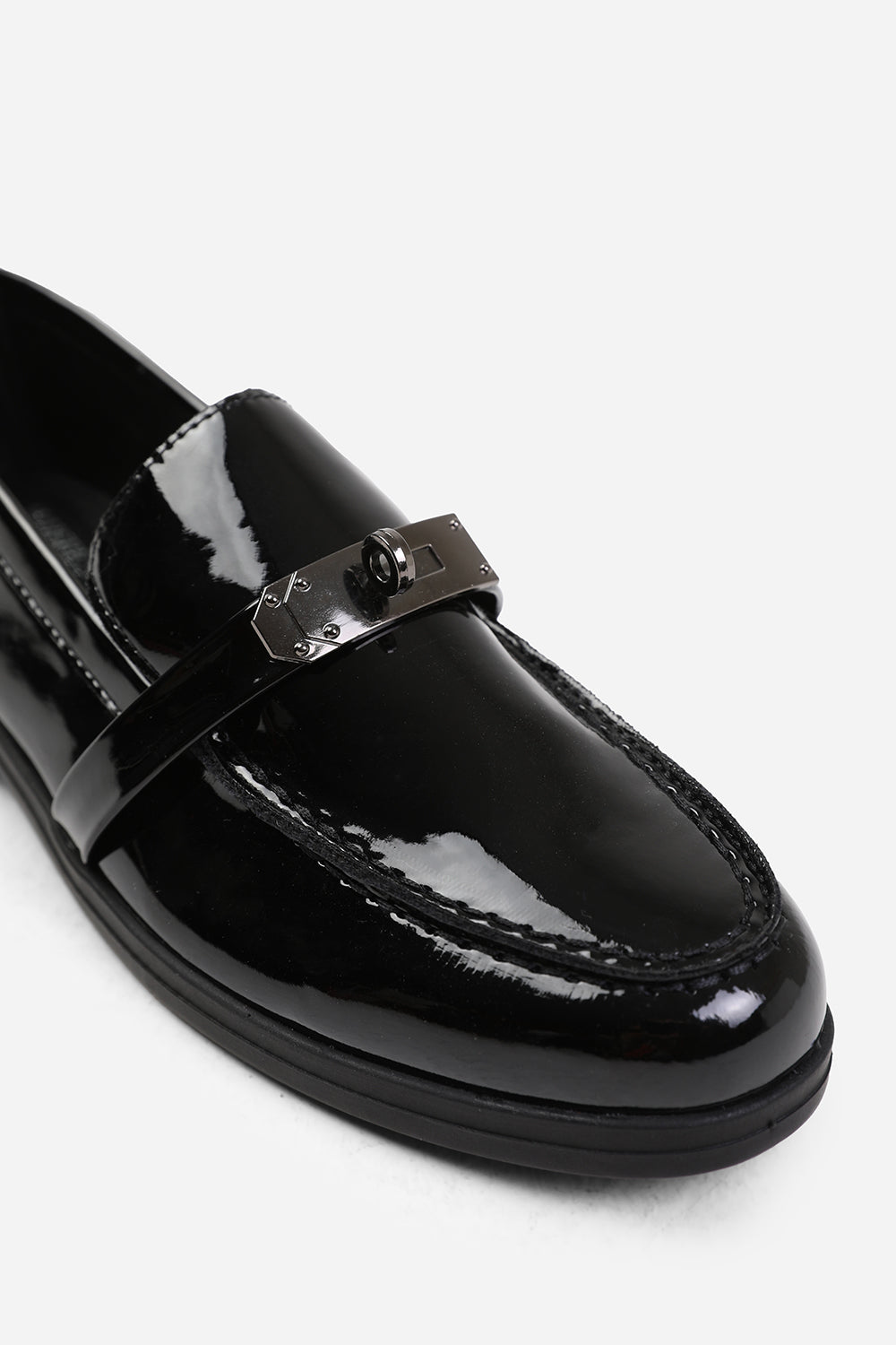 MONACO SLIP ON LOAFERS WITH METAL DETAILING IN BLACK PATENT