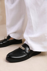 MONACO WIDE FIT SLIP ON LOAFERS WITH METAL DETAILING IN BLACK FAUX LEATHER