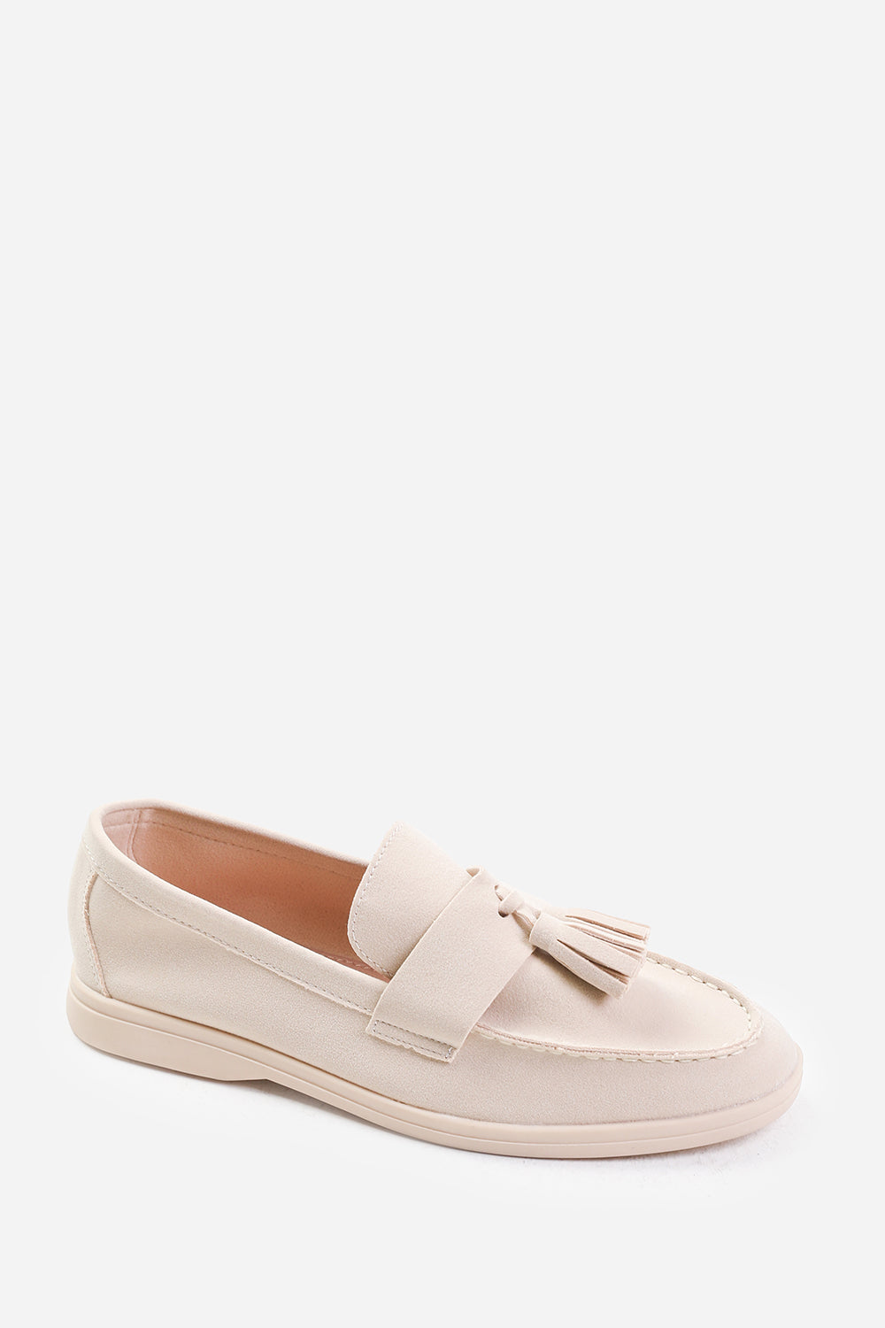 KENYA SLIP ON LOAFER WITH TASSEL DETAILING IN BEIGE SUEDE