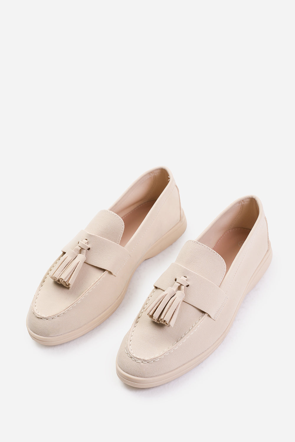 KENYA WIDE FIT SLIP ON LOAFER WITH TASSEL DETAILING IN BEIGE SUEDE