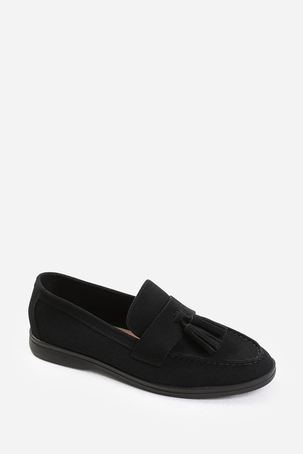 KENYA SLIP ON LOAFER WITH TASSEL DETAILING IN BLACK SUEDE