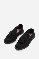 KENYA WIDE FIT SLIP ON LOAFER WITH TASSEL DETAILING IN BLACK SUEDE