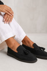 KENYA SLIP ON LOAFER WITH TASSEL DETAILING IN BLACK SUEDE