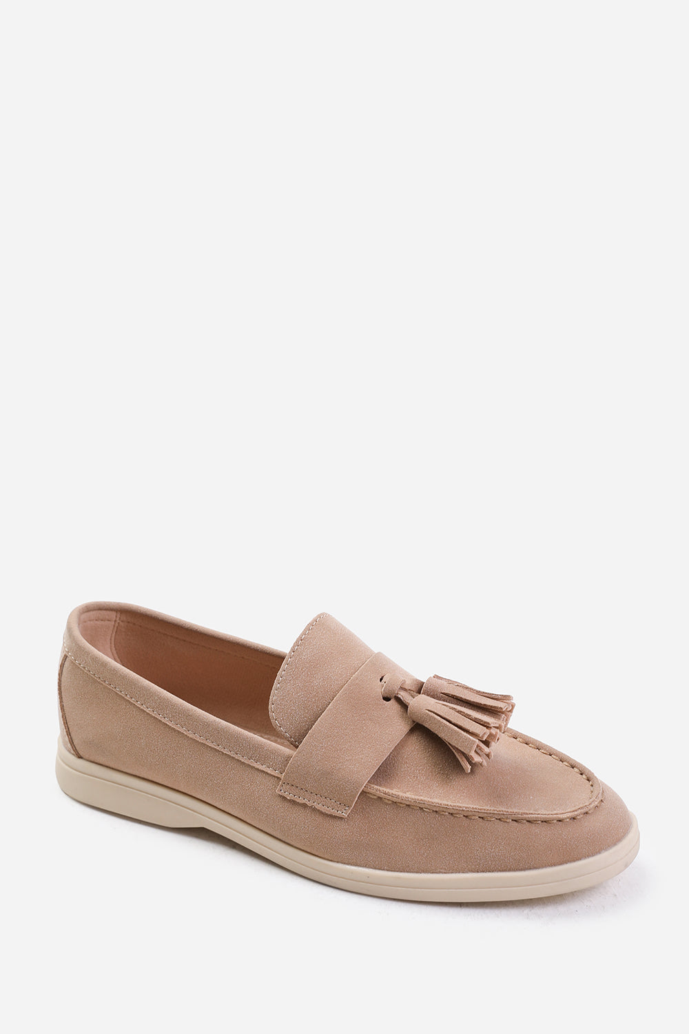 KENYA SLIP ON LOAFER WITH TASSEL DETAILING IN KHAKI SUEDE