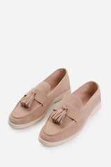 KENYA SLIP ON LOAFER WITH TASSEL DETAILING IN KHAKI SUEDE