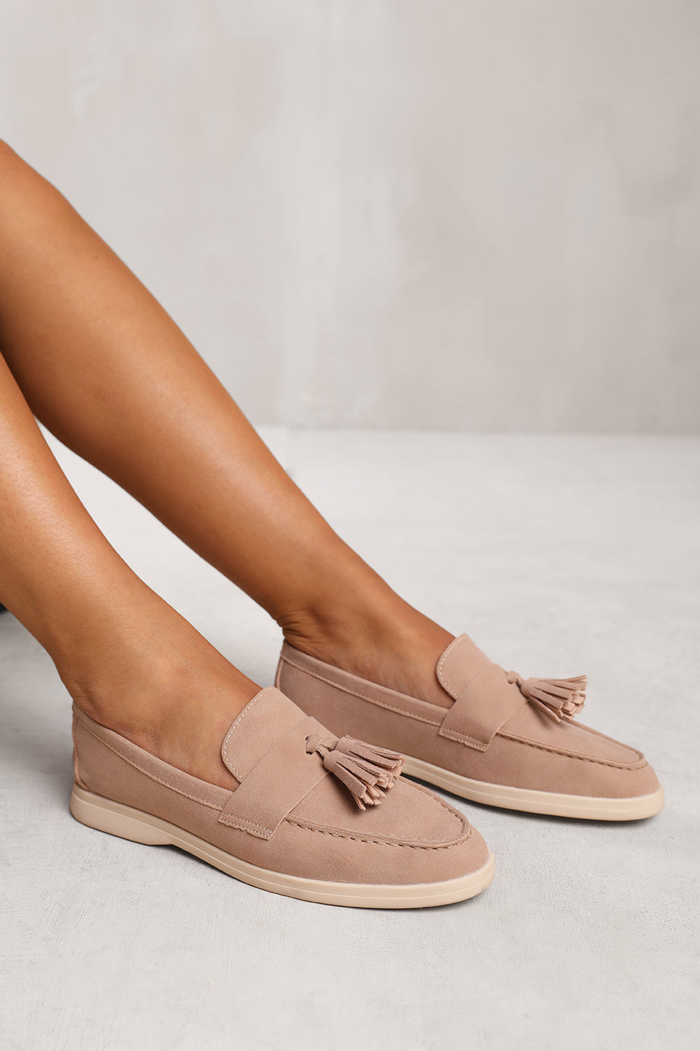 KENYA WIDE FIT SLIP ON LOAFER WITH TASSEL DETAILING IN KHAKI SUEDE