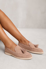 KENYA WIDE FIT SLIP ON LOAFER WITH TASSEL DETAILING IN KHAKI SUEDE