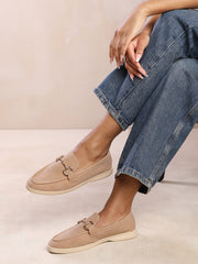 ITALY WIDE FIT SLIP ON LOAFER WITH METAL DETAILING IN KHAKI SUEDE