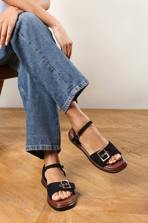 Coastal Front Buckle Flatform Black Suede Sandal