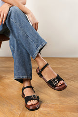 Coastal Front Buckle Flatform Black Suede Sandal