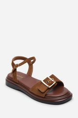 Coastal Front Buckle Flatform Cognac Suede Sandal