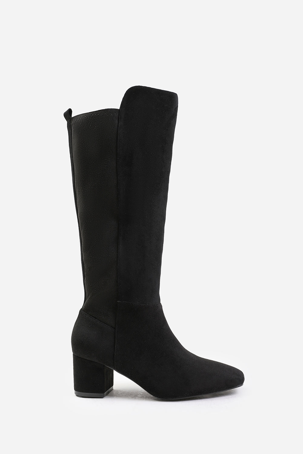 BEAU STRETCH WIDE CALF BLOCK HEEL KNEE HIGH BOOTS WITH SIDE ZIP IN WIDE E FIT IN BLACK SUEDE