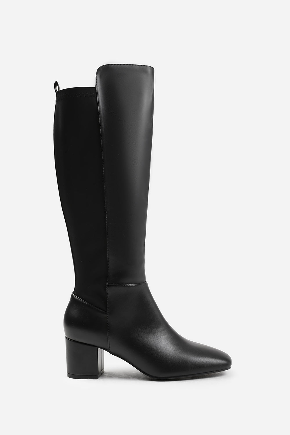 BEAU BLOCK HEEL KNEE HIGH BOOTS WITH SIDE ZIP IN BLACK FAUX LEATHER