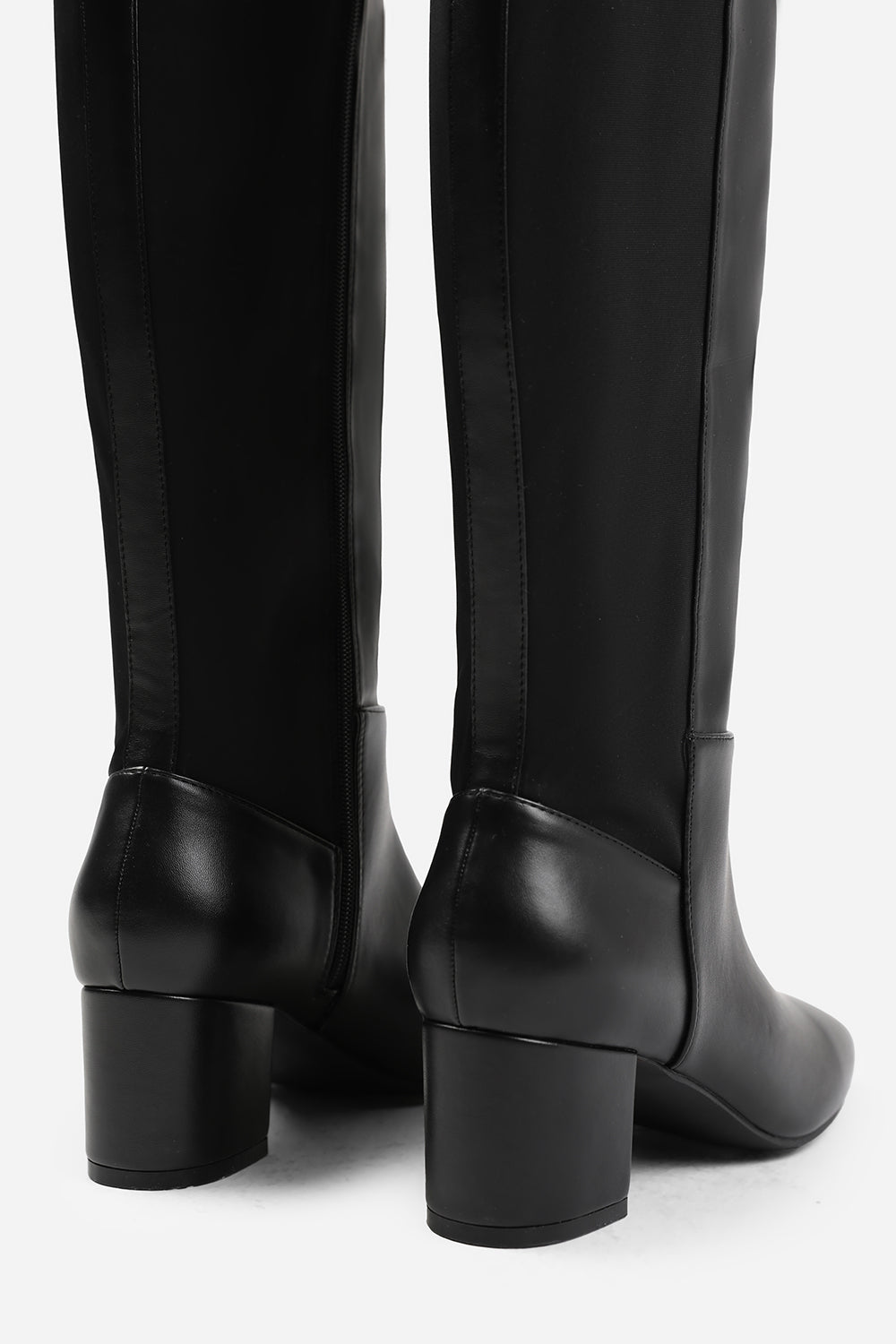 BEAU BLOCK HEEL KNEE HIGH BOOTS WITH SIDE ZIP IN BLACK FAUX LEATHER