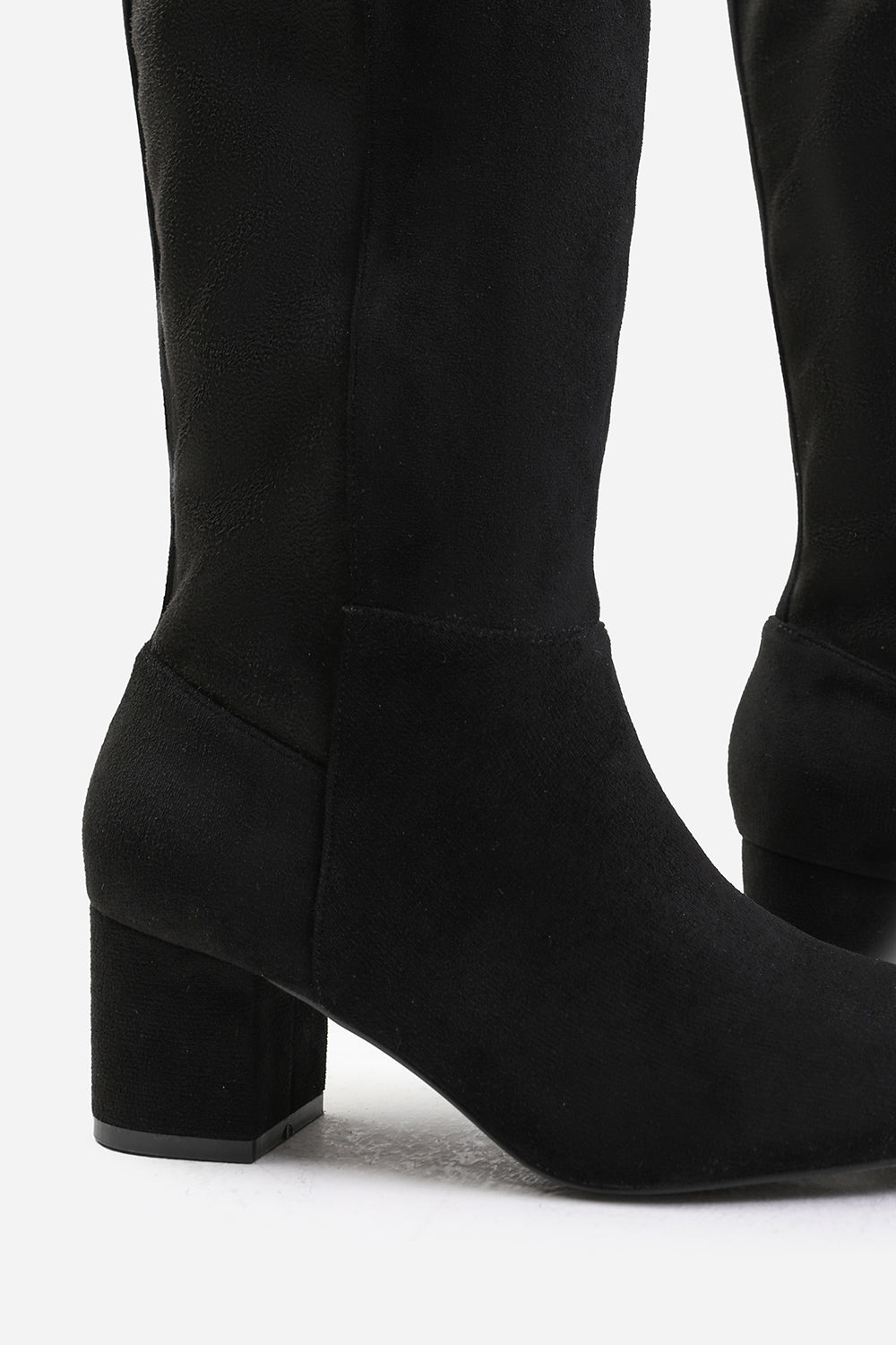 BEAU BLOCK HEEL KNEE HIGH BOOTS WITH SIDE ZIP IN BLACK SUEDE