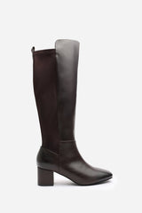 Beau Stretch Wide Calf Block Heel Knee High Boots With Side Zip In Dark Brown Faux Leather