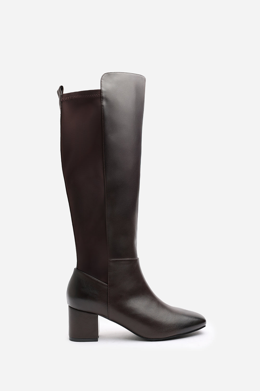 Beau Block Heel Knee High Boots With Side Zip In Dark Brown Faux Leather