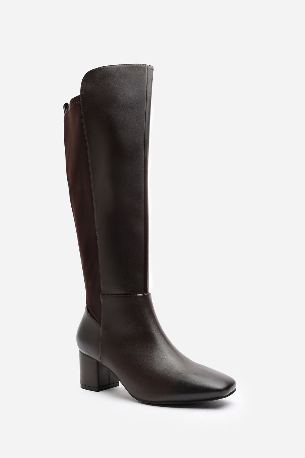 Beau Block Heel Knee High Boots With Side Zip In Dark Brown Faux Leather