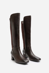Beau Block Heel Knee High Boots With Side Zip In Dark Brown Faux Leather