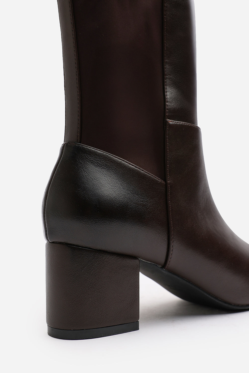 Beau Stretch Wide Calf Block Heel Knee High Boots With Side Zip In Dark Brown Faux Leather