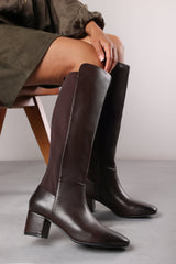 Beau Stretch Wide Calf Block Heel Knee High Boots With Side Zip In Dark Brown Faux Leather