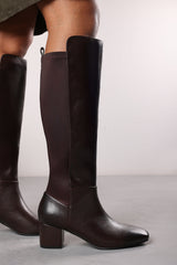 Beau Stretch Wide Calf Block Heel Knee High Boots With Side Zip In Dark Brown Faux Leather