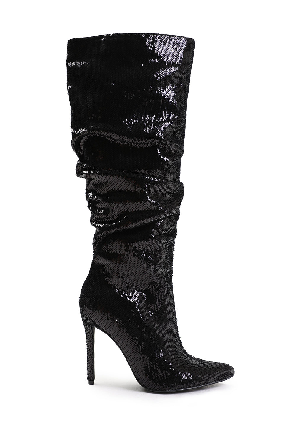 SPARKLE BELOW KNEE SEQUIN SLOUCH BOOTS IN BLACK