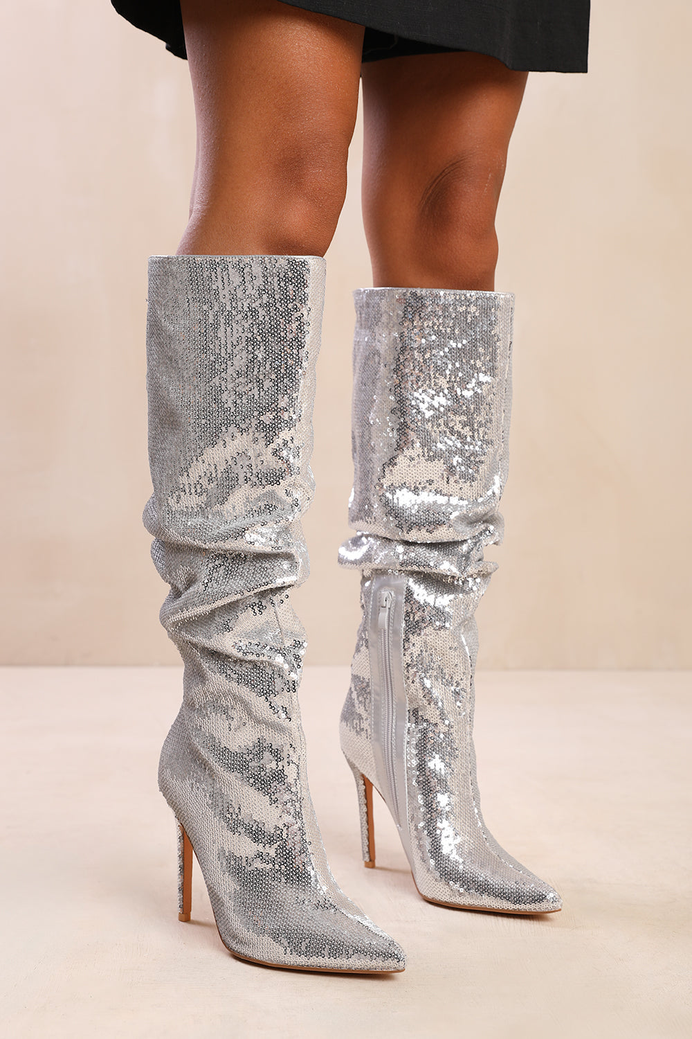 SPARKLE BELOW KNEE SEQUIN SLOUCH BOOTS IN SILVER Where s That From UK