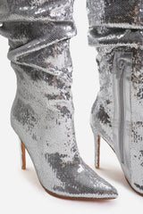 SPARKLE BELOW KNEE SEQUIN SLOUCH BOOTS IN SILVER