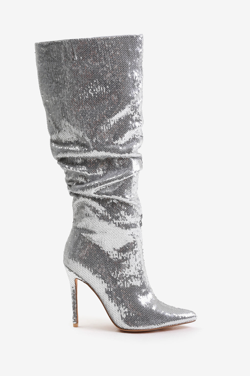 SPARKLE BELOW KNEE SEQUIN SLOUCH BOOTS IN SILVER – Where's That