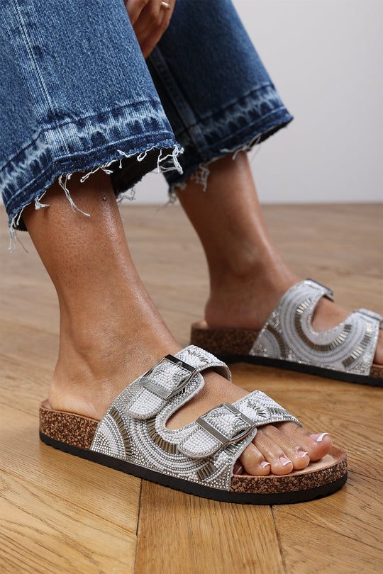 Angelina Slider Flatform Sandals With Adjustable Straps In Silver