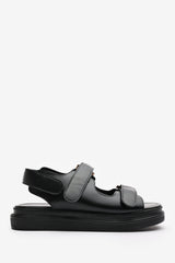 Peony Flatform Sandals With Velcro Closure Straps In Black
