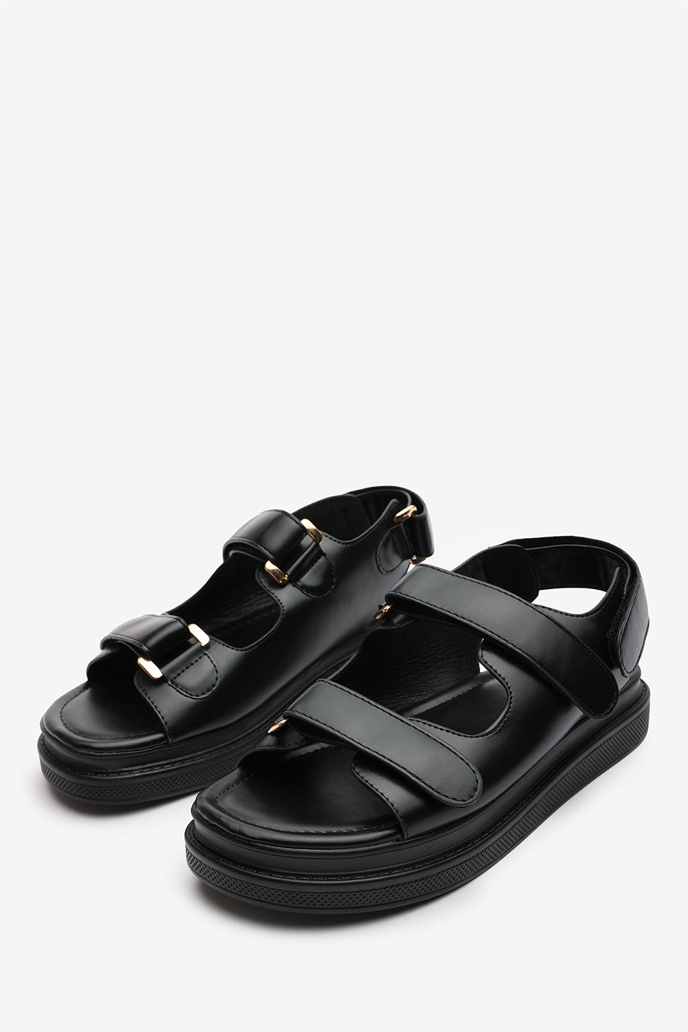 Peony Flatform Sandals With Velcro Closure Straps In Black