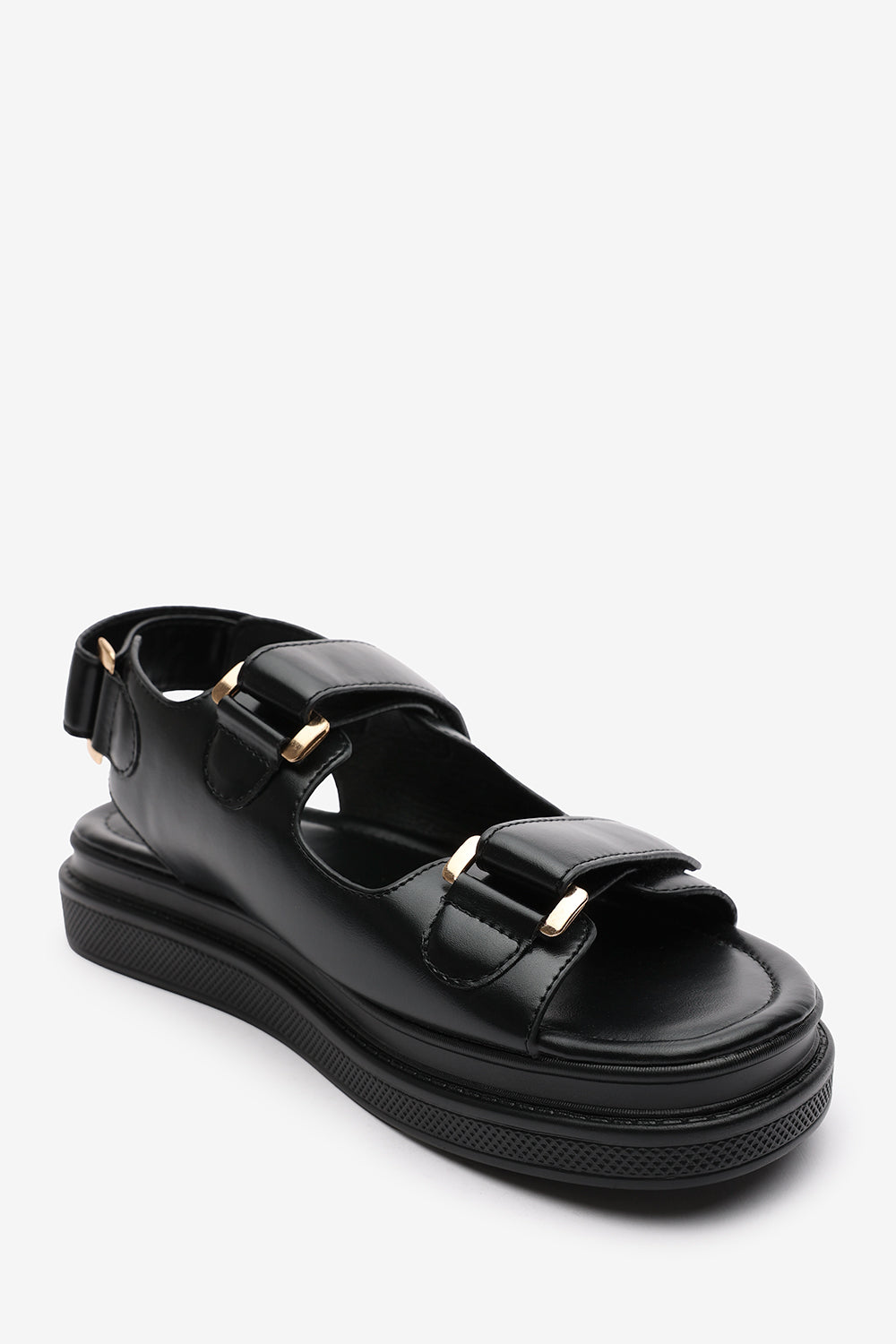 Peony Flatform Sandals With Velcro Closure Straps In Black